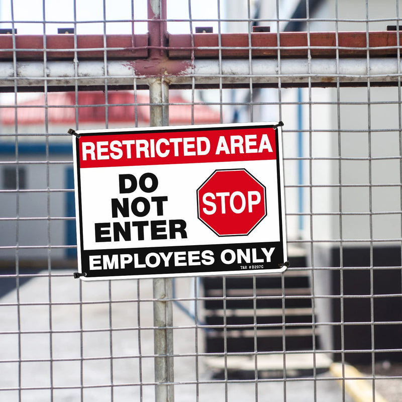 T&R Restricted Area Do Not Enter, Employees Only Sign - 4 Pack - 10 x 7 Inches Rust Free .040 Aluminum - UV Protected, Waterproof, Weatherproof and Fade Resistant - 4 Pre-drilled Holes Black & Red - 10" x 7" - 4 Pack