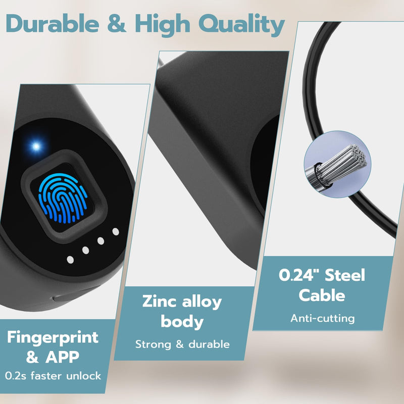 Fingerprint Cable Lock, Fridge Locks with Fingerprint Bluetooth APP Control, Smart Biometric Waterproof Child-Proof Refrigerator Lock for Kids & Adults Fridge French Door Cabinet Gate Black