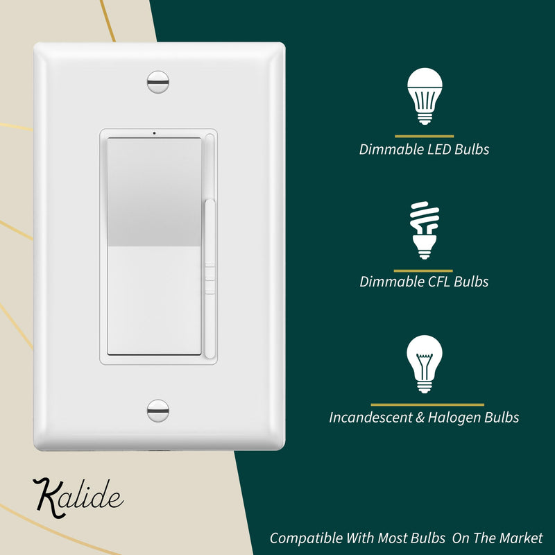 TOPGREENER Kalide Dimmer Light Switch, LED Dimmer Switch, Full Range Dimming, Single Pole/3-Way, 120VAC, 60Hz, 300W LED/CFL, Neutral Wire Not Required, Wall Plate Included, White 1