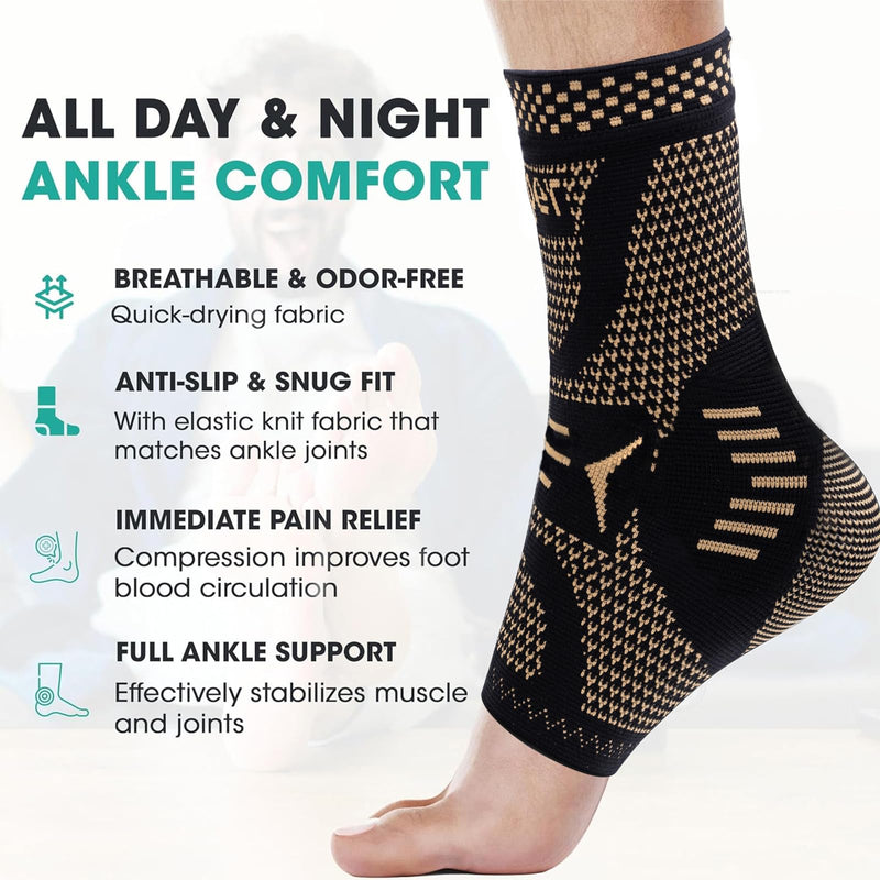 INDEEMAX Ankle Brace for Women & Men, Ankle Compression Sleeve Support Copper Infused Ankle Brace for Sprained Ankle, Plantar Fasciitis Sports, Achilles Tendonitis Pain Relief, Copper Black, M Medium