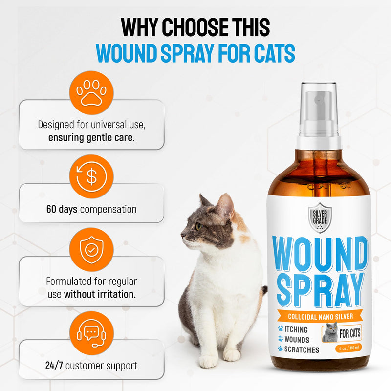 SILVER GRADE Cat Wound Care Spray with Silver – Wounds, Rashes, Hot Spots, Itch, Scratching, Irritation, Bites & Burns – Use a Cat Cone to Prevent Licking – Safe Formula – 4 Oz