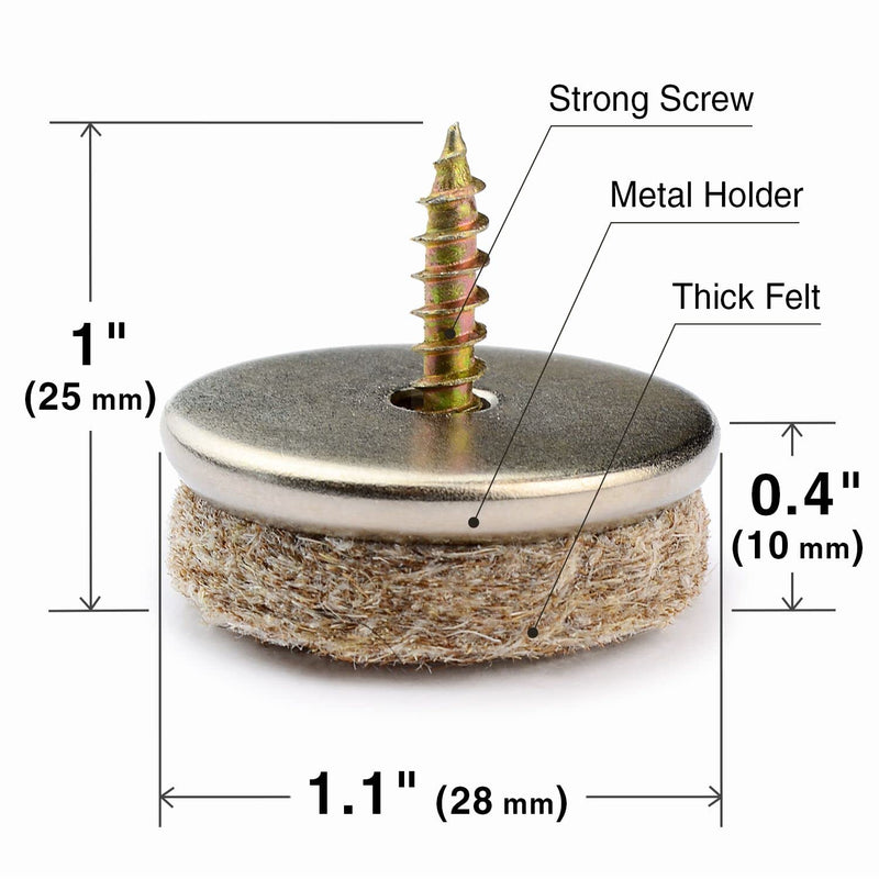 Screw-On Felt Pads X-Protector – 24 Felt Chair Pads for Hardwood Floors 1.1" – Premium Chair Glides – Beige Floor Protectors for Furniture Legs – The Best Furniture Sliders for Hardwood Floors 24pcs 28mm (felt, screw)