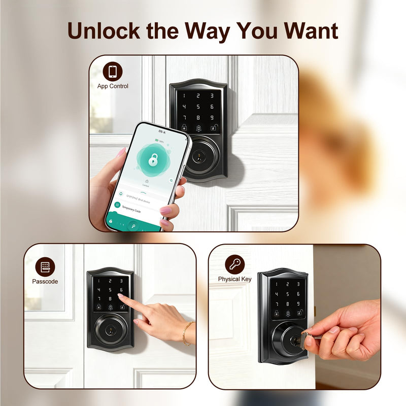 Smart Keyless Entry Door Lock with App Control, Electronic Touchscreen Keypad Deadbolt with Doorbell, App Remote, Voice Prompt, Auto Lock, IP55 Waterproof, 500+ User Capacity, Easy Installation