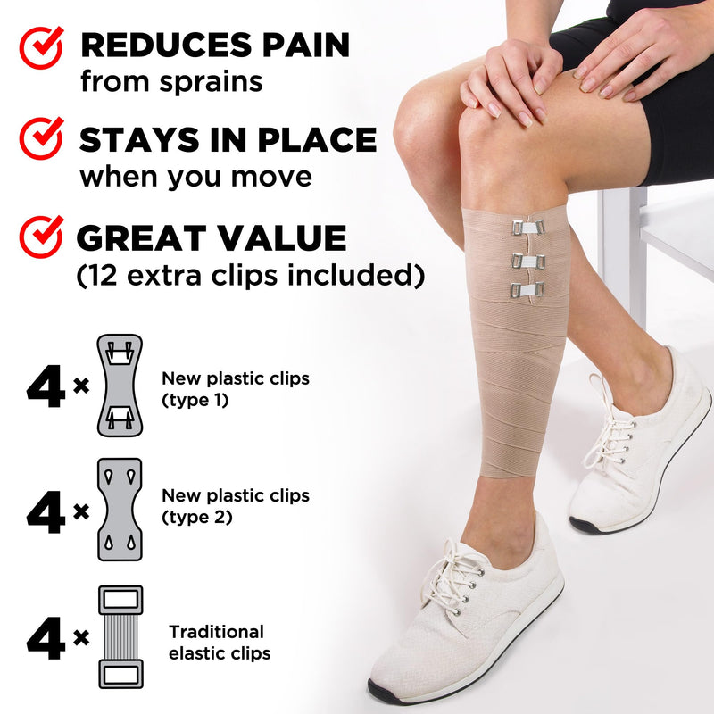 Premium Elastic Bandage Wrap – 4pk (2x3, 2x4) + 12 Extra Clips – Strong Compression Bandage Wrap - Wrist, Ankle, Foot, Knee Wrap 4 Piece Set