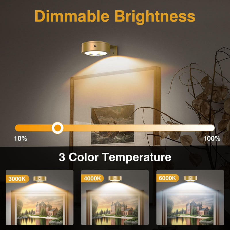 3Pack Wireless Picture Light,Battery Operated Painting Light with Remote,Magnetic Timer Display Art Light for Wall,Dimmable Picture Frame Light for Frame Artwork,Wall Decor Puck Light-Gold 3Pack Gold