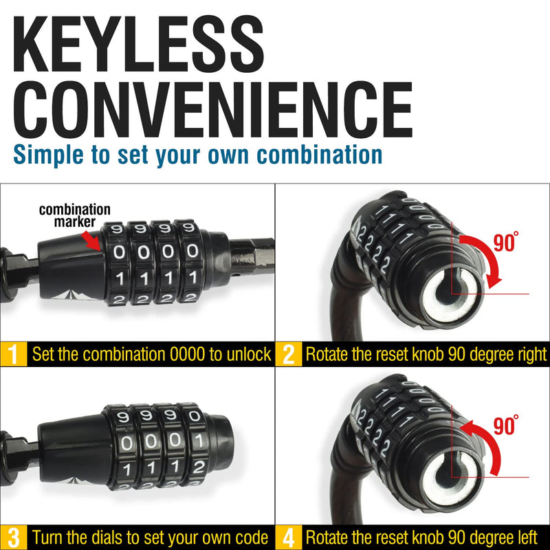 MARQUE Combination Bike Lock Cable- 3/8 inch (5FT, 10FT, 15FT, 25FT) Resettable Combination Lock, Anti-Theft Coiled Secutiry Cable for Bicycles, Kayaks, Paddle Boards, Gates and Outdoor Gear (10 FT) 10 FT
