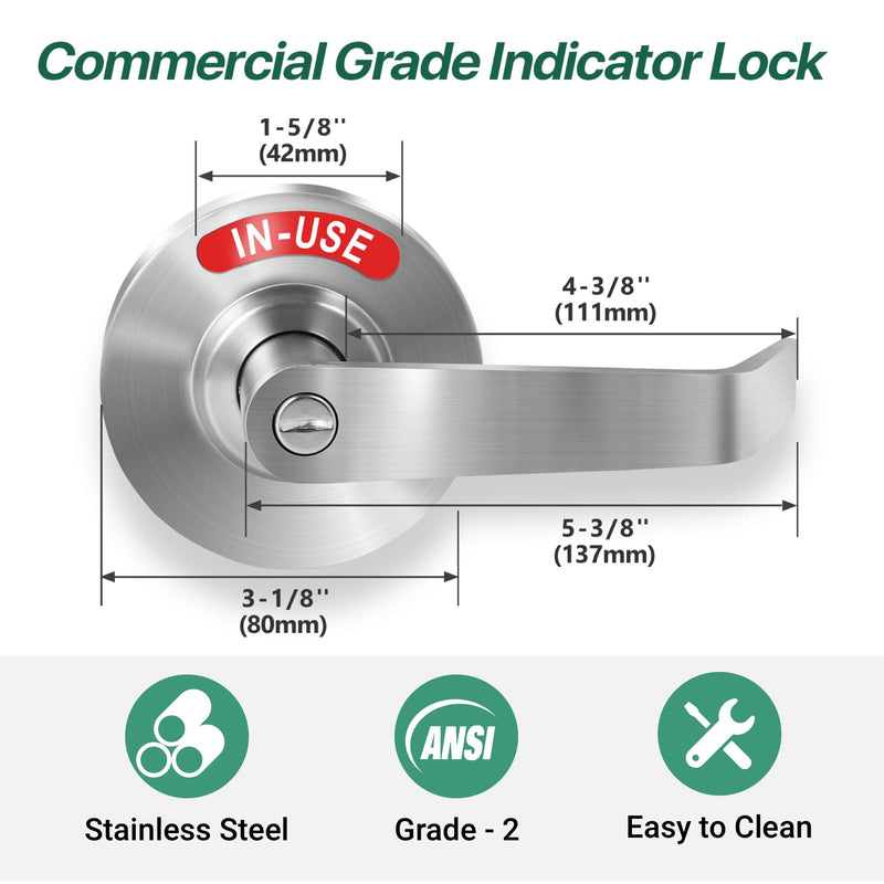 Privacy Indicator Lever Lock Inuse or Vacant, Occupied Bathroom Door Handle, Commercial Door Knob Perfect for Office Buildings,Gyms, Warehouse (Satin Chrome) Satin Chrome