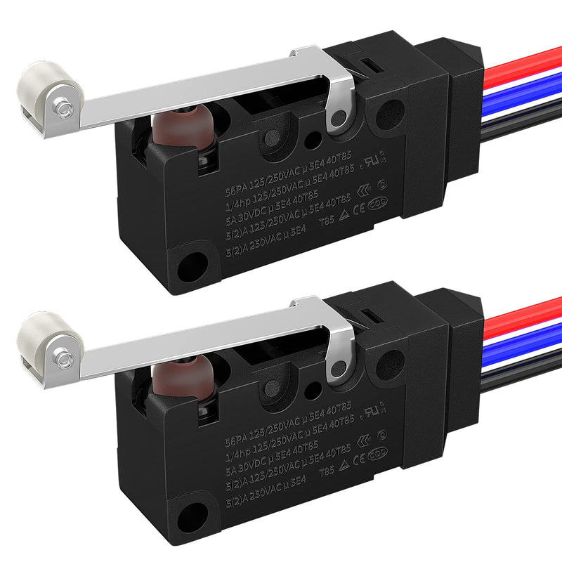 Joinfworld Waterproof Micro Limit Switch with Long Straight Hinge Lever SPDT 3 PIN Pre-Wired 10A 125 250V Micorswitch for Arduino, Appliance and Electronic - 2Sets WS2-Roller Lever