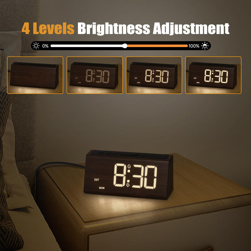 Cadmos Wooden Digital Alarm Clock for Bedroom,Electric Desk Clock with USB Port,Loud Alarm for Heavy Sleepers,Adjustable Volume & Dimmer,Snooze,DST,Wood Decor,Bedside & Desk Us(Brown - Amber Digits) Brown - Amber Digits
