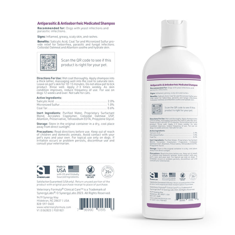 Veterinary Formula Clinical Care Antiparasitic & Antiseborrheic Medicated Dog Shampoo, 16 oz – Paraben, Dye, Soap Free – Hydrating and Antifungal Shampoo for Dogs, White