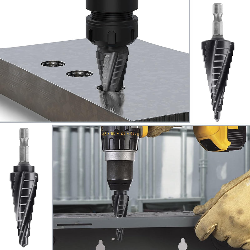 Lytool 3-Piece M35 Cobalt Step Drill Bit Set, 34 Sizes 1/8"-7/8" Unibit Bits, 4 Spiral Flute 1/4" Hex Shank for Sheet Metal, Stainless Steel, Aluminum, Wood, Plastic