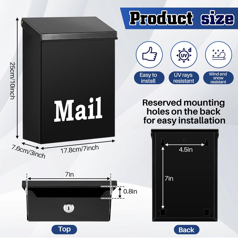 10 x 7 x 3 Inch Mailboxes for Outside Wall Mount Mailbox Black Classic Galvanized Steel Mailbox Rust-Proof Mailbox with Lock Porch Mailbox Safe Key Drop Box Cash Box for Home Office
