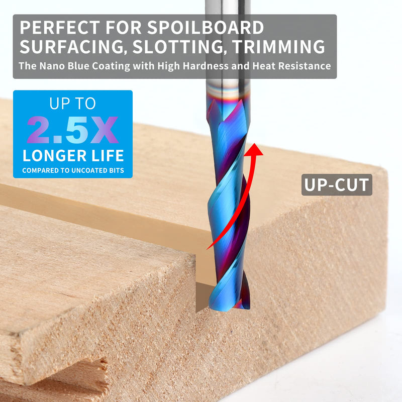 Upcut Spiral Router Bit 1/4 inch Shank, 1/4 inch Cutting Diameter, Extra Long 3 inch Solid Carbide with Nano Blue Coating CNC Router Bits End Mill for Wood Cut, Carving 3" OVL - Up Cut