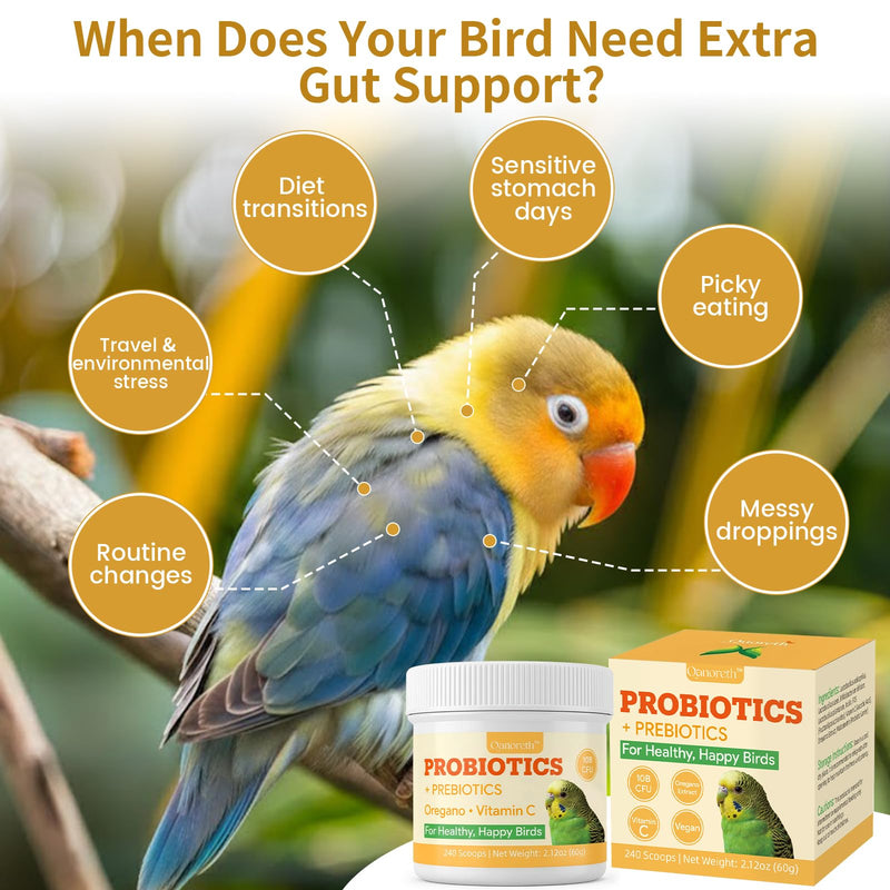 Bird Probiotic Powder for Gut Balance, Digestive & Immune Support – 10 Billion CFU Probiotic + Prebiotic with Vitamin C & Oregano – Molting & Stress Support for All Birds - Parakeet Parrot Cockatiel