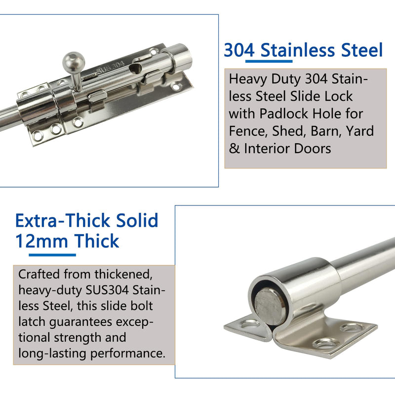 2PCS 304 Steel Silver 12" Slide Bolt Latches, Heavy-Duty 304 Stainless Steel Gate Door Slide Latches