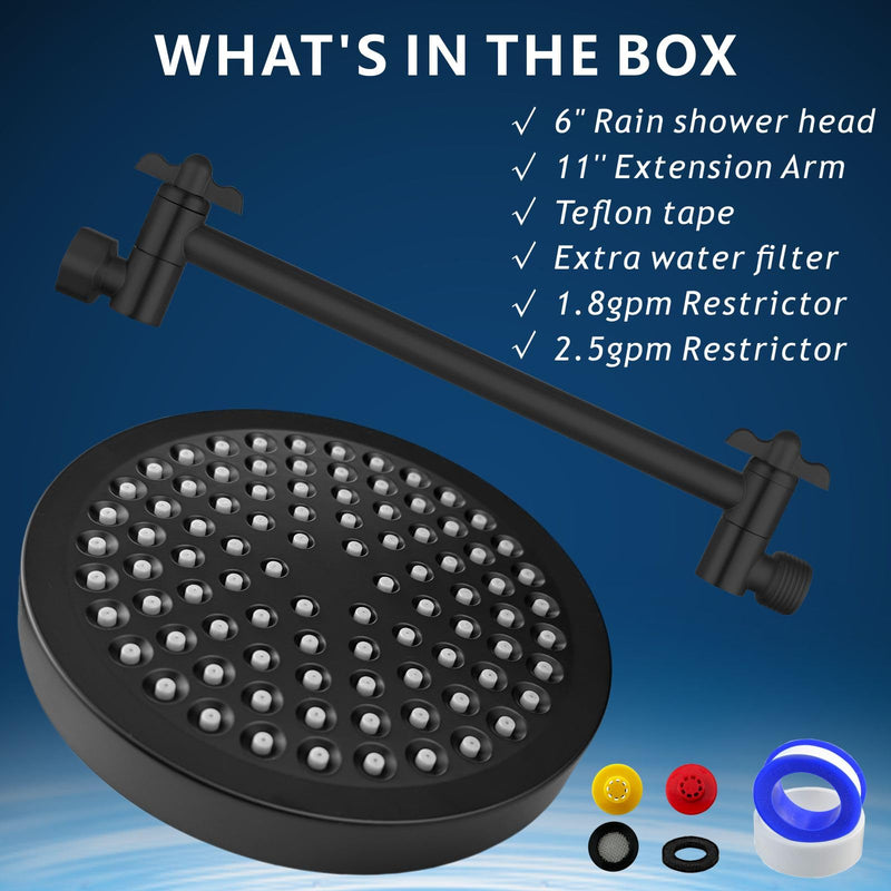 High Pressure Rain Shower Head with 11'' Extension Arm - High Flow Rainfall Showerhead - Luxury Modern Look - Pressure Boosting (Round, Matte Black) 6" Round