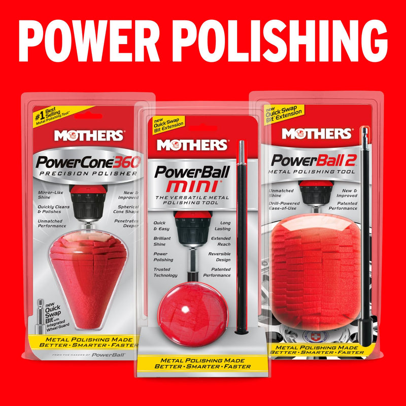 Mothers PowerBall Mini, Polishing Tool with 10” Quick Swap Bit – Drill-Powered, Cleans & Polishes Tight Areas on Wheels, Diamond Plate, Lenses, Engine Parts & More, Fast & Unmatched Shine (05141)