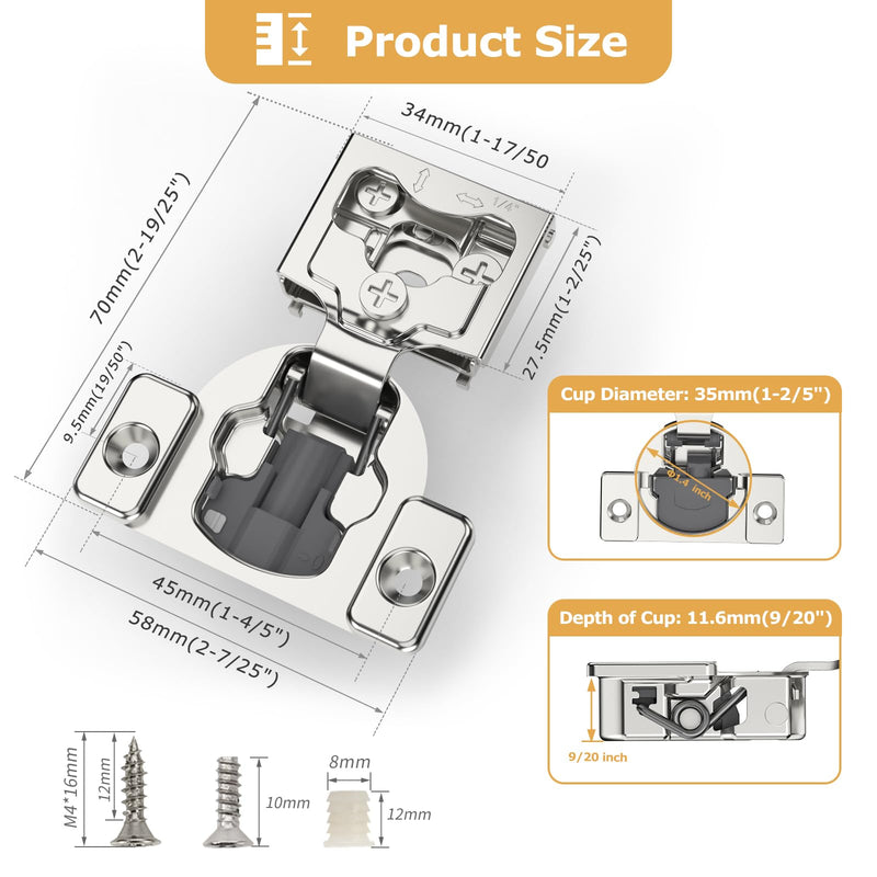 Furniware 2 Pieces 1/4" Small Overlay Concealed Face Frame Hinges, 105° Open Angle 4 Level Soft Close Screw On Compact Cabinet Hinge,for Face Frame Door, Soft Close On/Off Switch, Self Closing 1/4 Inch - NewNest Australia