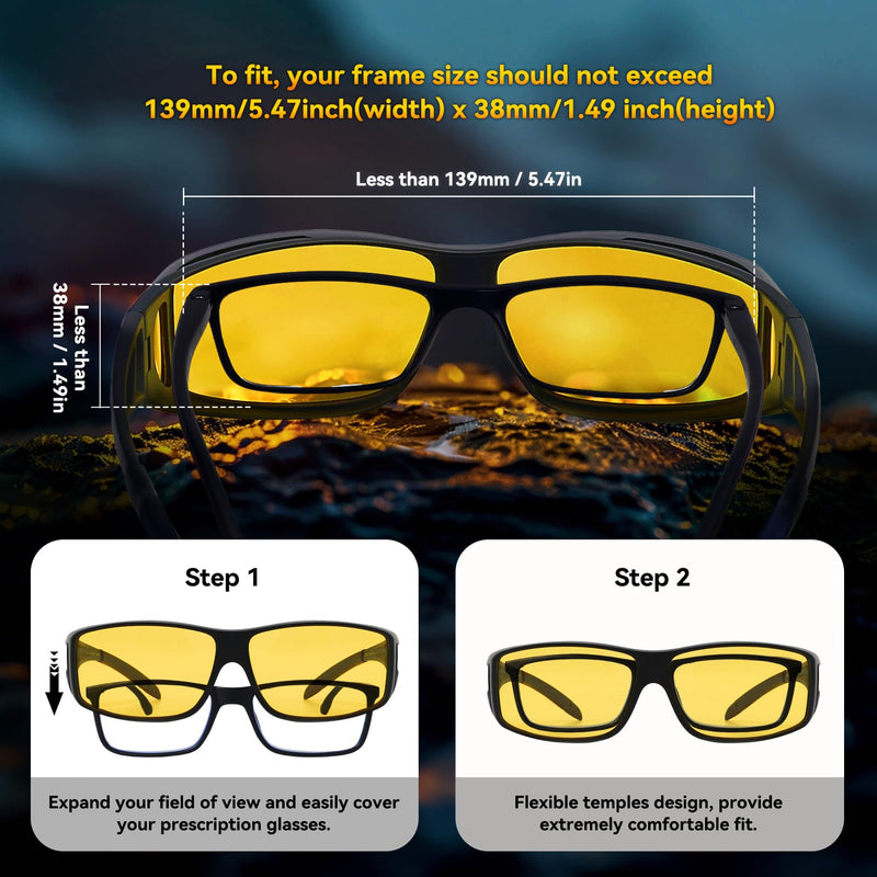 Dollger Night Vision Glasses for Women Men,Fit Over Prescription Glasses with Anti Glare Yellow Lens Night Vision Lens-2 Packs