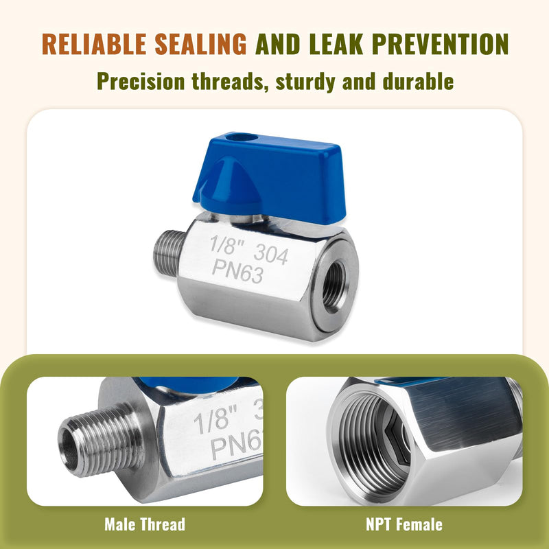 2 Pack 1/8" Mini Ball Valve, 304 Stainless Steel Valve NPT Female x Male Thread Shut-Off Valves for Small Compact Space (2, 1/8 Inch) 2