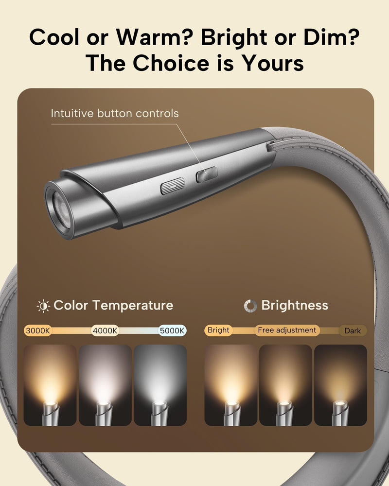 LED Neck Reading Light, Book Light for Reading in Bed, 3 Colors, 9 Brightness Levels, Lightweight Comfortable Design, Long Lasting, Perfect for Knitting,Crafting,Camping,Gray 1-Gray