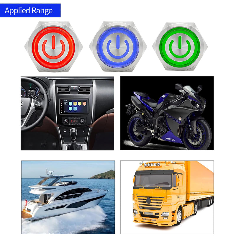 15Amp 12V-24V DC 16mm Latching Push Button Switch IP67 Waterproof SPST with LED Angel Eye Light Stainless Steel 304 On and Off with Wire Socket Pc Power Button Self-Locking 5/8" Latching, 12V-24V Blue
