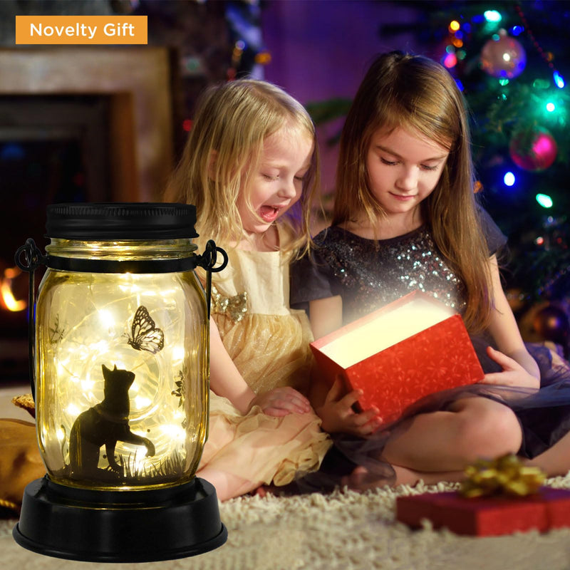 Styleonme Decor Mobile Outdoor Solar Lanterns, Solar Waterproof Cat Lights with Butterfly, Gifts for Women Men Cat Lovers Gifts, Hanging Cat Lanterns with Stake for Yard Lawn Garden Decor Cat & Butterfly