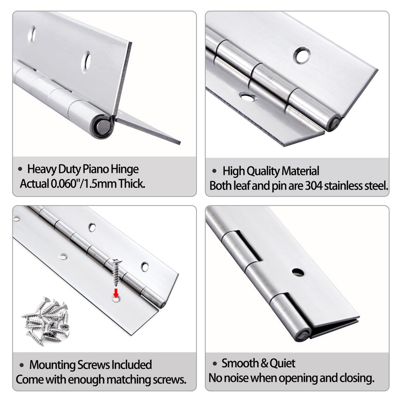 2 Pack Heavy Duty Piano Hinge 30 Inch x 2 Inch Stainless Steel Continuous & Piano Hinges with Holes, 30" Continuous Hinges for Cabinet, Door, DIY Wood Boxes, 0.060" Leaf Thickness, 2" Open Width