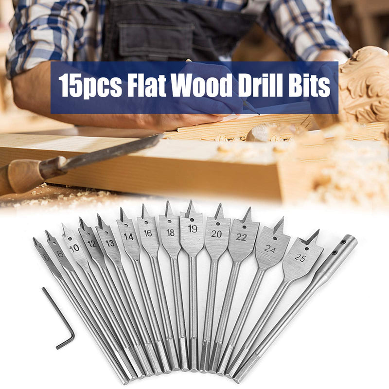 15pcs Flat Wood Drill Bits, Carbon Steel Hex Shank Spade Flat Wood Drill Bit Set 6‑25mm for Wood Drilling Power Tools