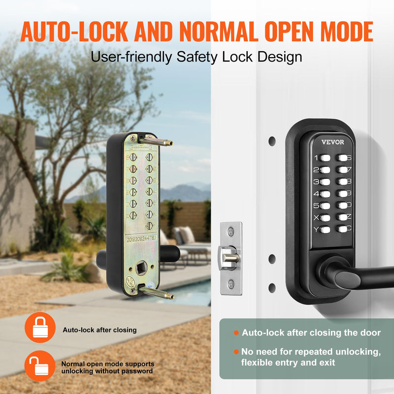 VEVOR Mechanical Keyless Entry Door Lock, 14 Digit Keypad, Double-Sided Embedded Outdoor Gate Door Locks Set with Keypad and Handle, Water-Proof Zinc Alloy, Easy to Install, for Garden, Yard, Garage Black Mechanical + Embedded + Double Side
