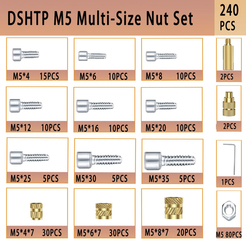 M5 Heat Set Insert Kit for 3D Printing Parts, 240PCS Threaded Inserts Assortment with 60W Digital Soldering Iron, 200-500°C Adjustable Temperature, M5 Brass, Bolts, Nuts Insert Tips for Plastic