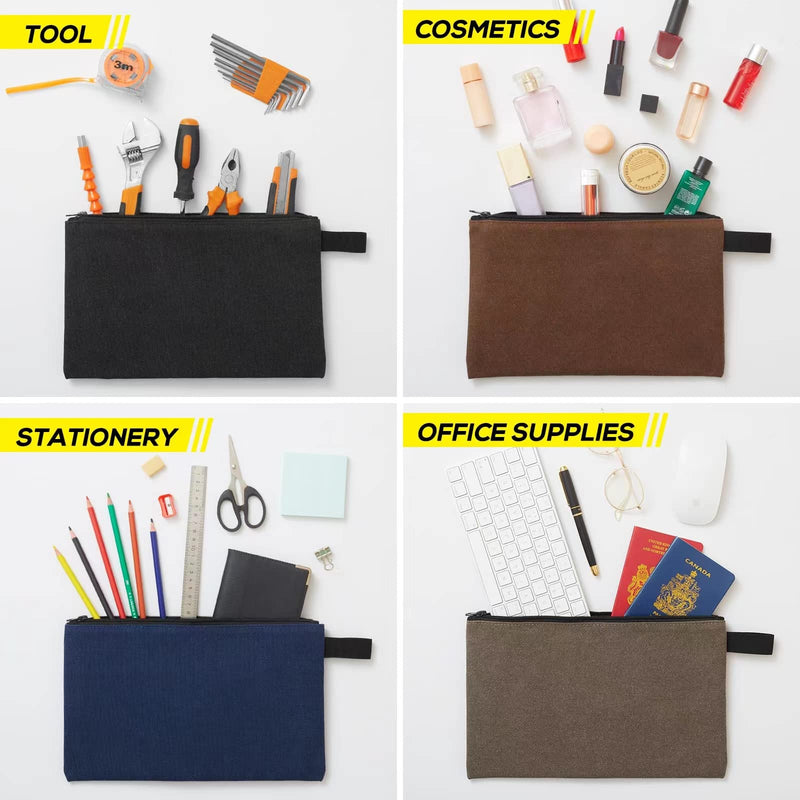 8 Pack Canvas Tool Pouch with Zipper,Upgrade 16 oz Heavy Duty Small Tool Bag,Multipurpose Organizer Utility Tool Bag,for Tools,Office Supplies,Cosmetics,Stationary Black, Grey, Dark Blue, Green,Light Blue, Red, Orange, Brown
