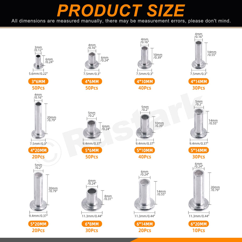 390Pcs M3 M4 M5 M6 Aluminum Flat Head Semi Tubular Rivets Assortment Kit Partial Hole Tubular Rivets Round Flat Head Semi Tubular Rivets Silver Tone for Household Industry Repair