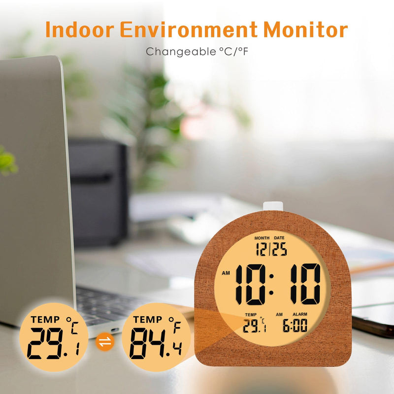 Plumeet Wooden Digital Alarm Clock for Bedrooms, Wood 4'' Battery Powered Alarm Clock with Snooze and Nightlight, Electronic LCD Desk Clock Display Time, Date, Temp, 12/24H, Wood Décor, Round, Sapele Semicircle 4.2''