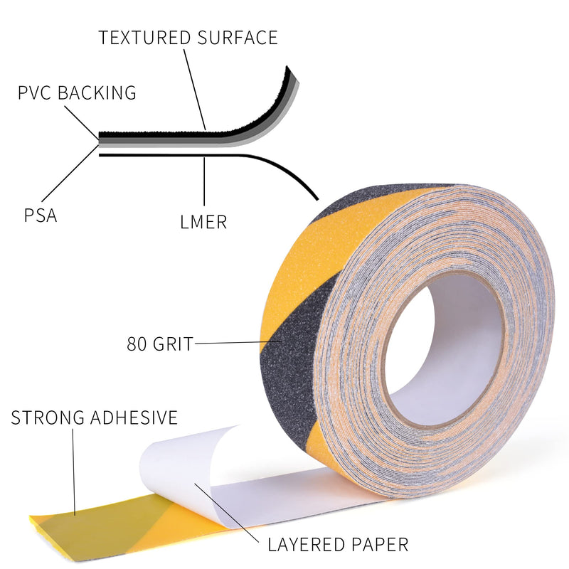 Safety Tape, 2inch x 60feet, Black/Yellow, Anti-Slip Adhesive Tape for Indoor Outdoor Steps Stairs, Waterproof, Strong Grip, Compatible with Plastic, Wood, Ceramic, Glass, Metal 2in x 60feet Yellow&Black 1