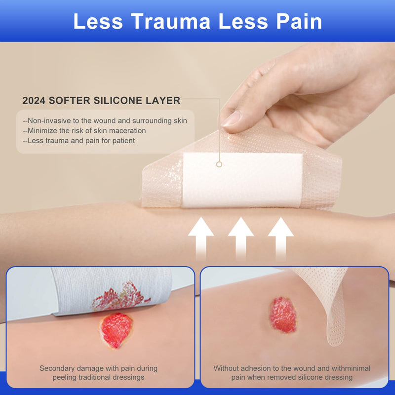 10 Pcs Silicone Foam Dressing 2"x5" - Ultra Soft Waterproof Silicone Bandages with Adhesive Border, Highly Absorbent Foam Dressing for Bed Sores, Leg Ulcers, FSA HSA Eligible 2"X5" 10PCS