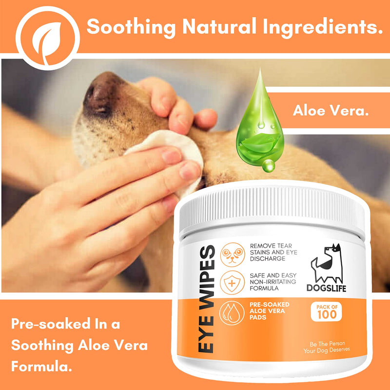 Dog Eye Wipes | Safe & Easy Cleaning Eye Wipes for Dogs | Remove Tear Stains, Dog Eye Crust & Eye Discharge | Pack of 100 | Soothing Aloe Vera Formula!