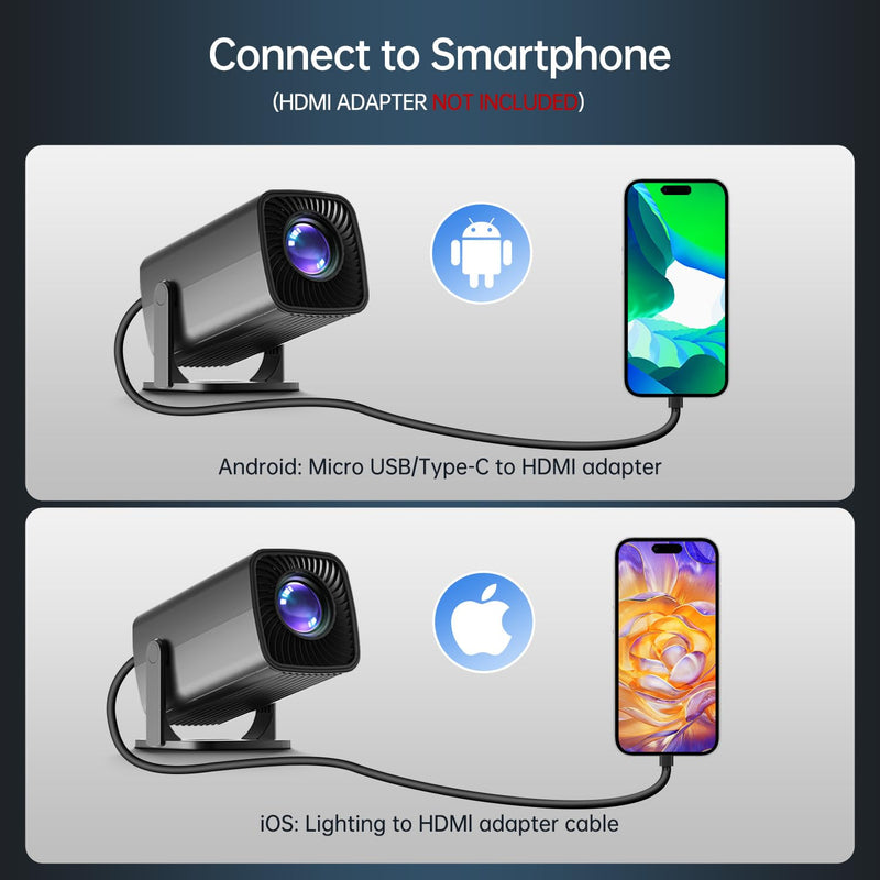 Mini Projector, Full HD 1080P Support Portable Outdoor Movie Projector, Smart Projector Compatible with Smartphone/TV Stick/Laptop/USB/HDMI, Indoor & Outdoor Use Standard System&Black