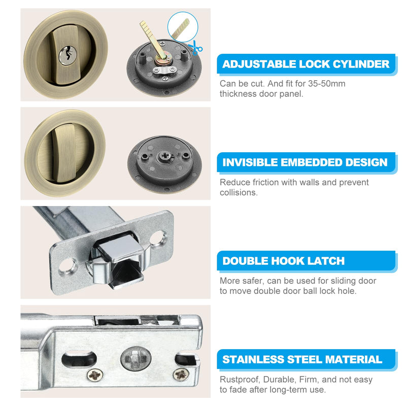 PATIKIL Round Recessed Door Lock with Keys, Pocket Door Lock Invisible Hardware Privacy Sliding Door Lock for Bathroom Bedroom Barn Door for 1-3/8" to 2" Thickness Door, Bronze