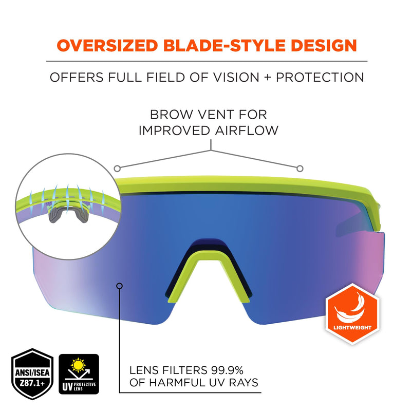 Ergodyne Skullerz AEGIR Anti Scratch Safety Sunglasses, Anti-Fog, ANSI z87.1 Lime Frame, Blue Mirror Lens