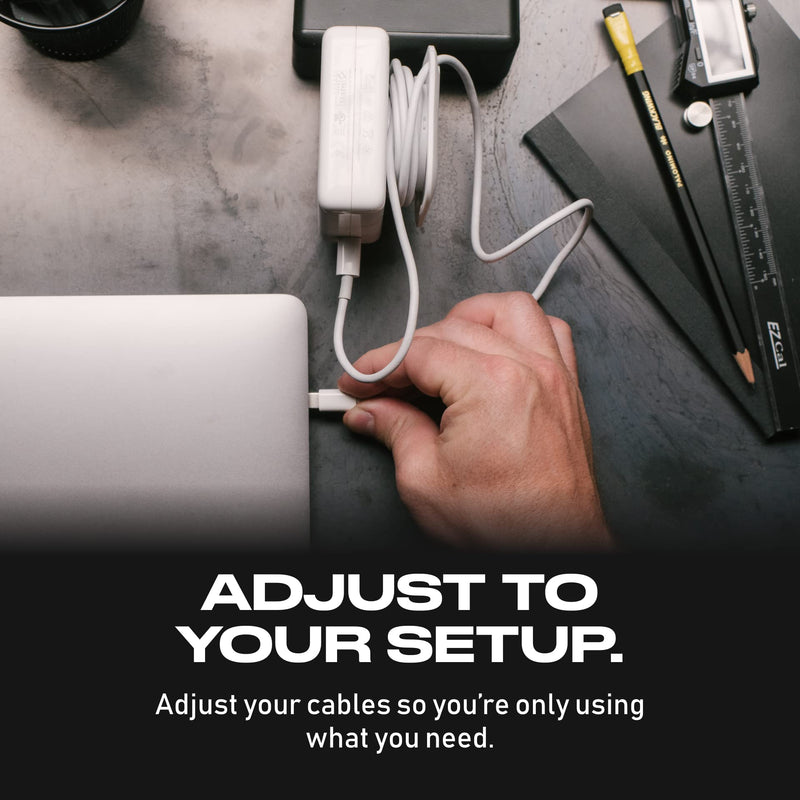 Fuse Reel The Side Kick Collapsible Charger Organizer With USB-C Right Angle Adapter Compatible with MacBook and PC charging cords and adapter cable management best computer winder (White w/Adapter) White W/ Adapter