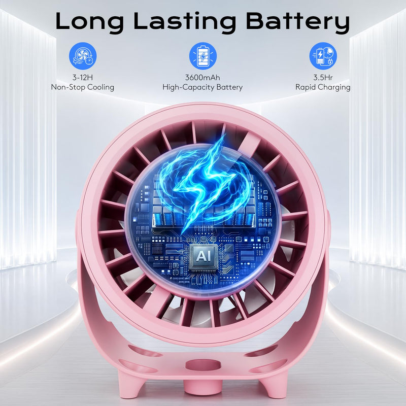 Desk Fan, Turbo Table Fan for Bedroom, Desktop Fans with Mist Spray, 100-Speed Digital Display, Low Noise, 120° Rotating, Rechargeable Battery, Wall-Mounted Design for Home, Office, Travel, Pink