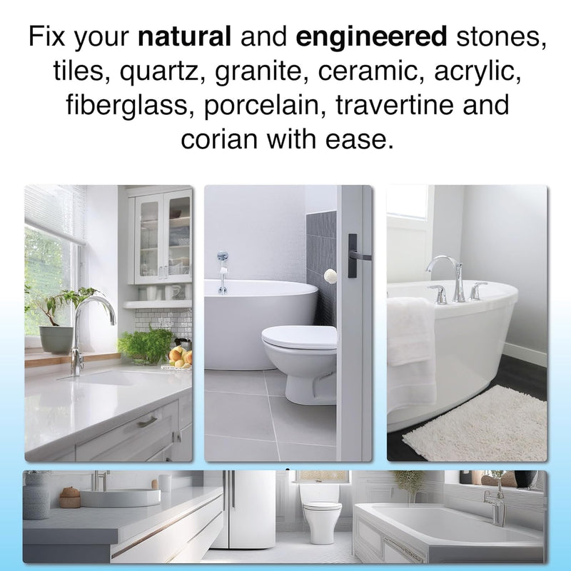 Quartz Countertop Repair Kit DIY (Clear, White Acrylic & Dark White Color) - Fix Your Defect Like a Pro I Suitable for Most Repairs I Fix Broken Chips in Minutes