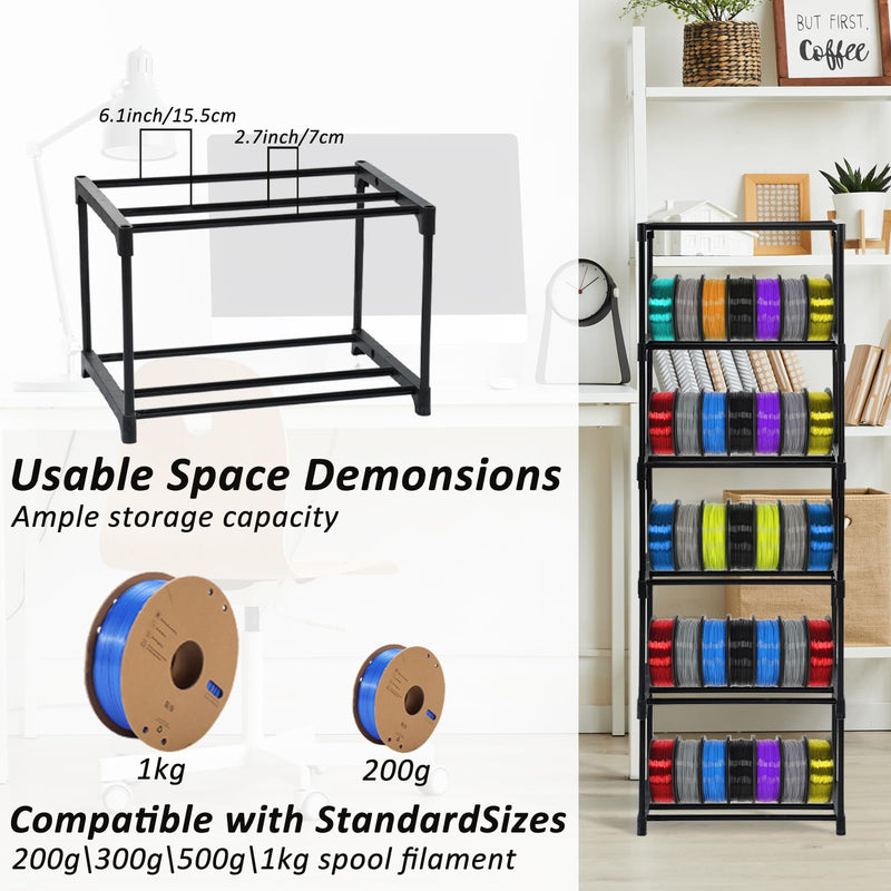 2 Pack 3D Printer Filament Storage Rack, 6-Tier Large Capacity Spool Holder, Heavy Duty Metal Filament Organizer Shelf for PLA/ABS/TPU/Other 3D Printing Materials, Printing Studio & Workshop