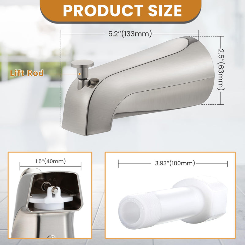Dreyoo Tub Spout with Diverter, Tub Spout (Universal Fits 1/2 Copper Pipe, 1/2 IPS and 3/4 IPS), Bathroom Bathtub Faucet with Adapters and Hex Wrench (Brushed Nickel,Simple) Brushed Nickel Simple
