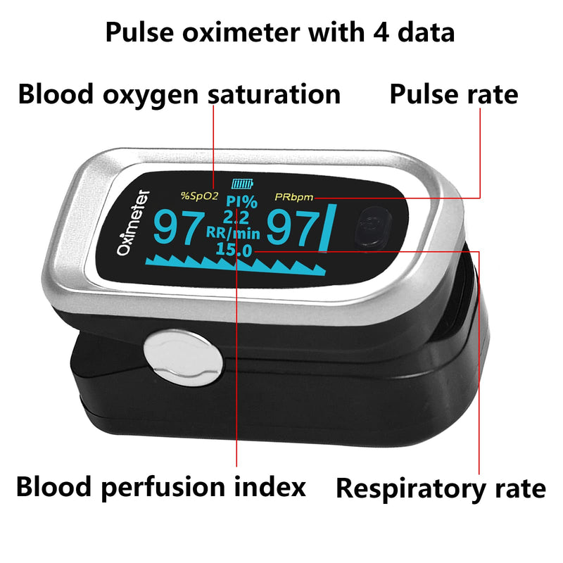 Pulse Oximeter Fingertip, 4 Data Pulse Oximeter with Respiration, pusle oximeter with respiratory rate, SpO2 Pulse Rate Oxygen Meter, OLED Oximetry Include Batteries, Carry Bag & Lanyard（Black Silver）