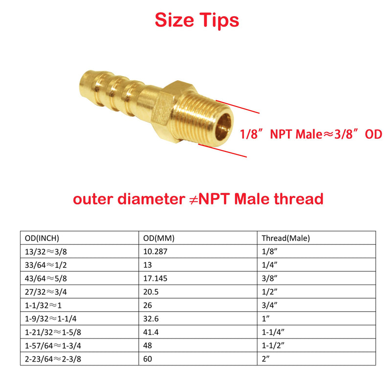 JoyTube 5 Pcs Hose Barb Fittings 1/8" Barb to 1/8" NPT Male Thread Brass Metals Adapter Connector 1/8"Barb x 1/8"NPT