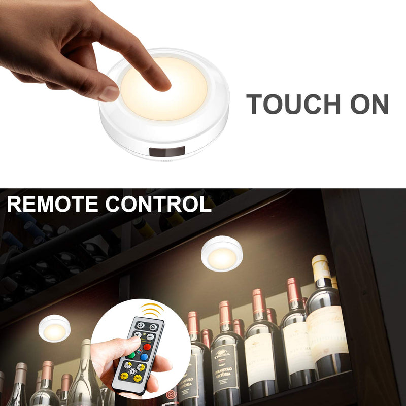 HONWELL Push Light Colored Puck Lights Remote Controlled Battery Operated RGB Fairy Lights Wireless Touch Lights Tap Light Dimmable Closet Cabinet Lights, Stick Voice Level Lights Classroom