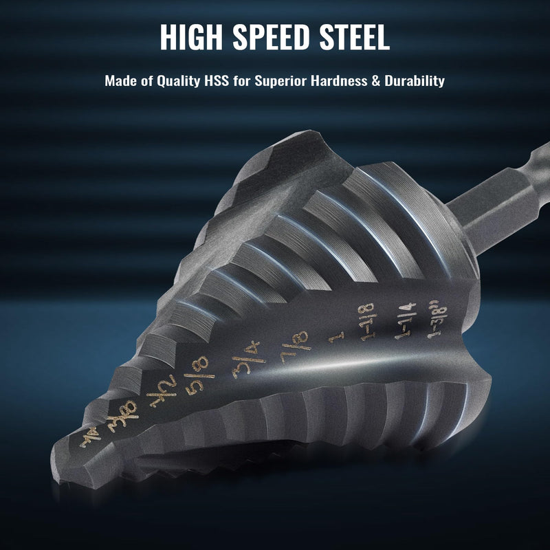 ZELCAN Step Drill Bit Set, 5PCS Four Spiral Flute Step Bits for Metal, 50 Sizes Titanium-Coated HSS Drill Bits with 1/4" Hex Shank for Stainless Steel Aluminum Wood Plastic 5PCS HSS Four Spiral Flute NEW STYLE