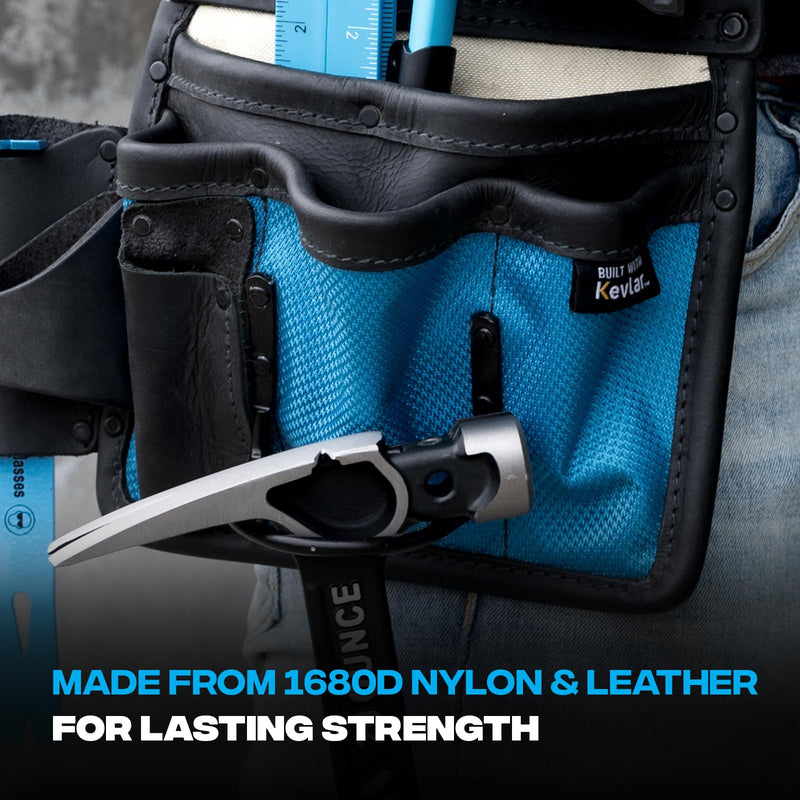 OX 10-Pocket Leather & Nylon Drywall Tool Pouch with Kevlar | Top-grain leather + 1680D ballistic nylon - hammer holder, tape holder - fits 2 to 3 in work belts